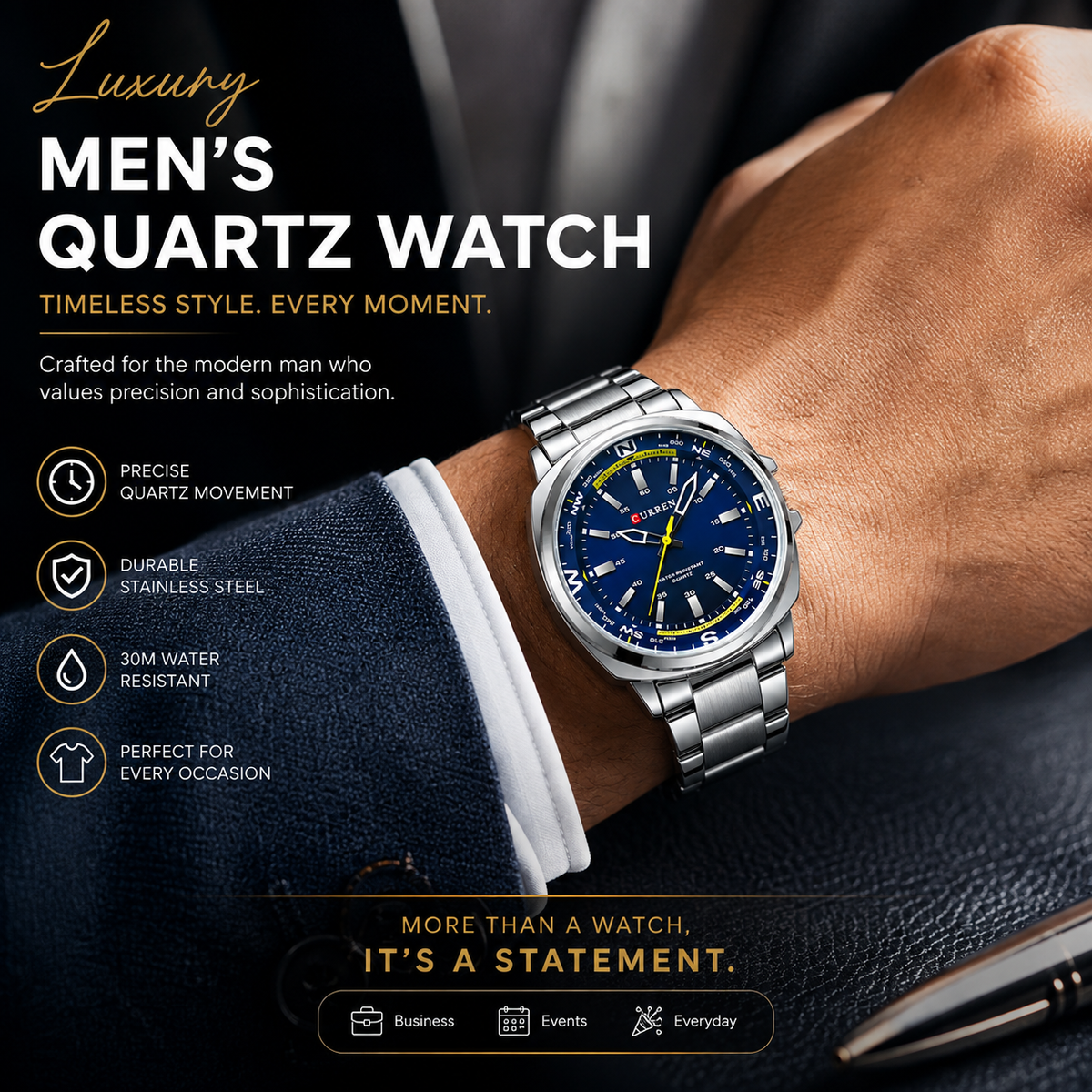 Luxury Men's Quartz Watch Stainless Steel Strap Fashion Wristwatch