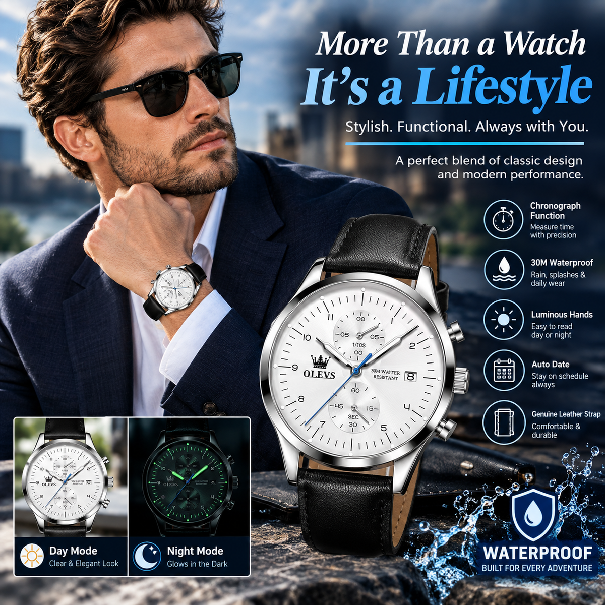Men’s Chronograph Quartz Watch – Waterproof Design with Luminous Hands