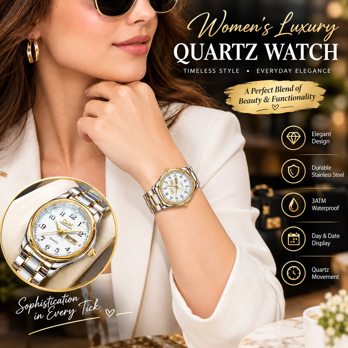 Women’s Luxury Quartz Waterproof Watch with Stainless Steel Strap