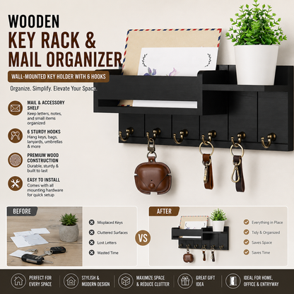 Wooden Key Rack & Mail Organizer Wall-Mounted Key Holder with 6 Hooks
