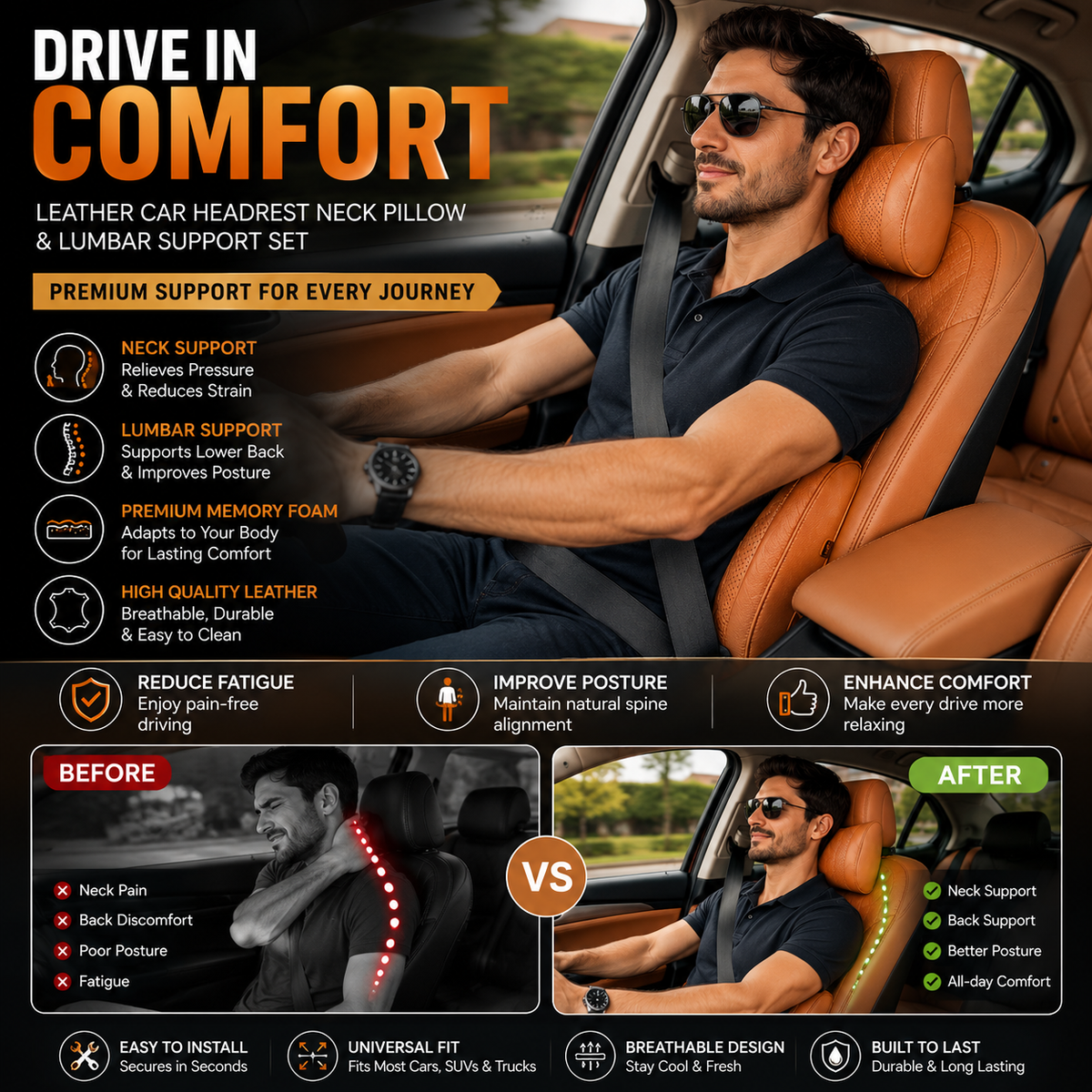 Leather Car Headrest Neck Pillow & Lumbar Support Set