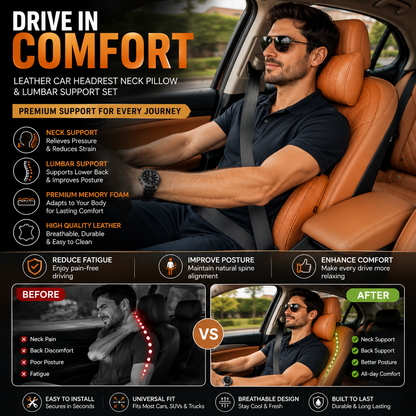 Leather Car Headrest Neck Pillow & Lumbar Support Set