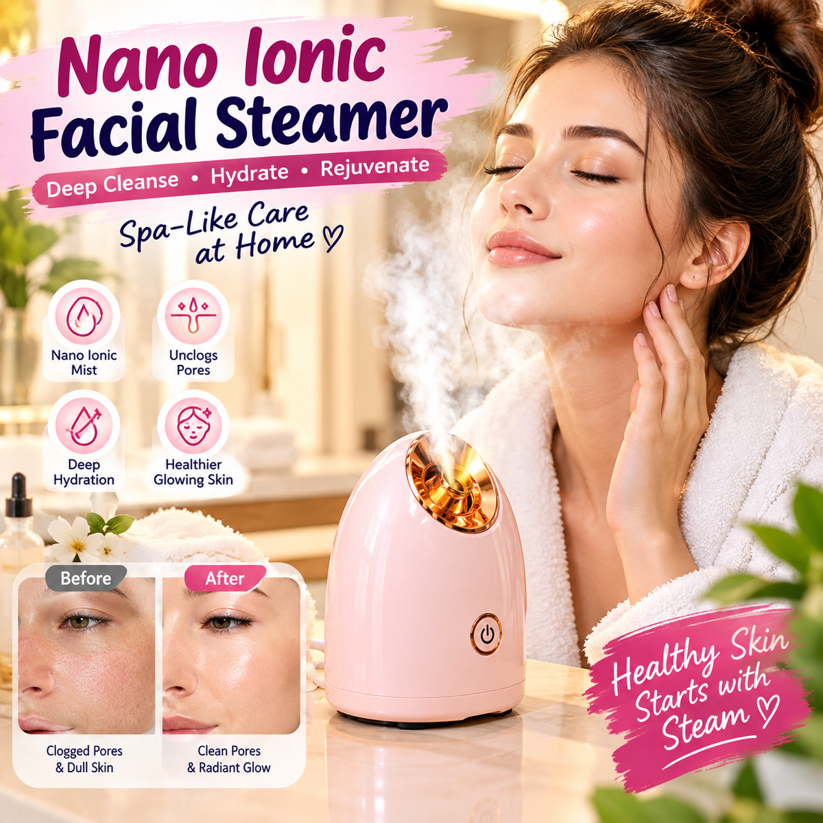 Nano Ionic Facial Steamer – Warm Mist Pore-Care Face Steamer