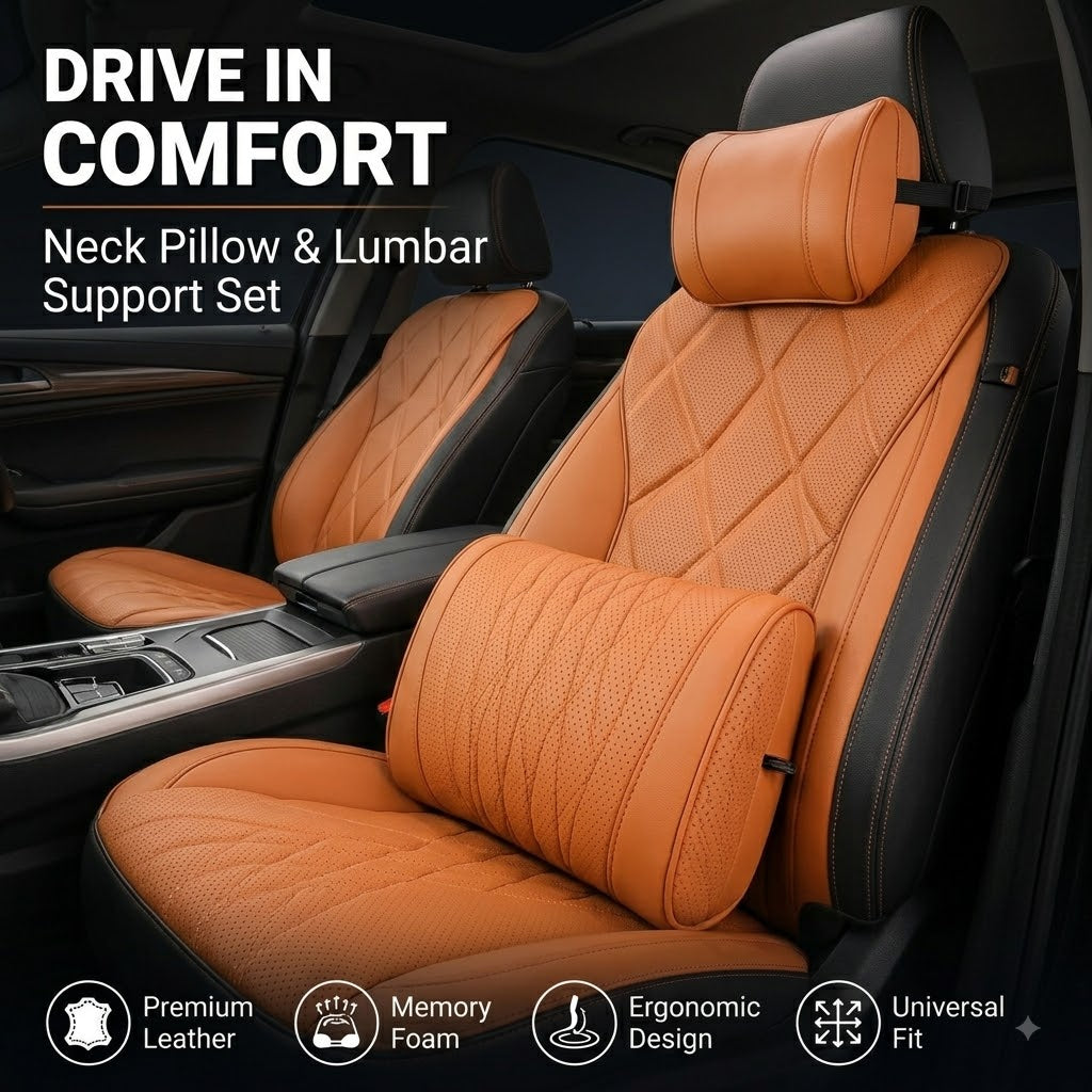 Leather Car Headrest Neck Pillow & Lumbar Support Set
