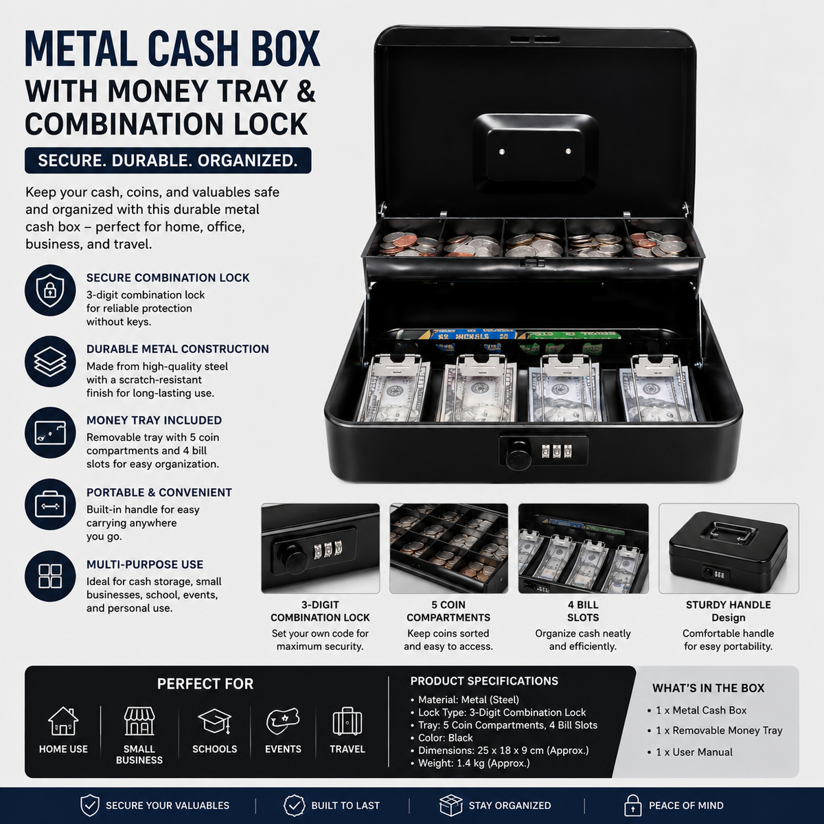 Metal Cash Box with Money Tray – Lockable Money Storage Box with Combination Lock