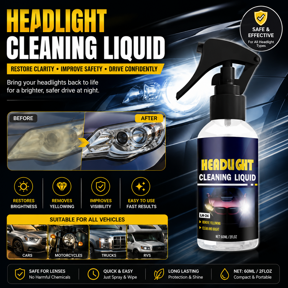 Car Headlight Restoration Kit – Headlight Polishing & Renovation Liquid for Clearer Lenses