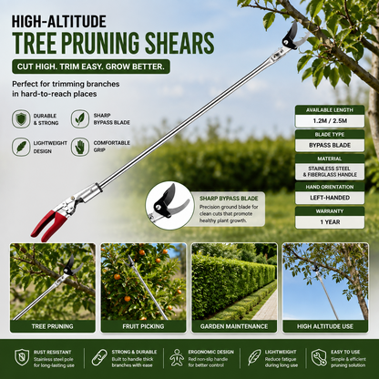Steel Bypass Pruning Shears – Left-Handed High-Altitude Tree Cutter with Fiberglass Handle