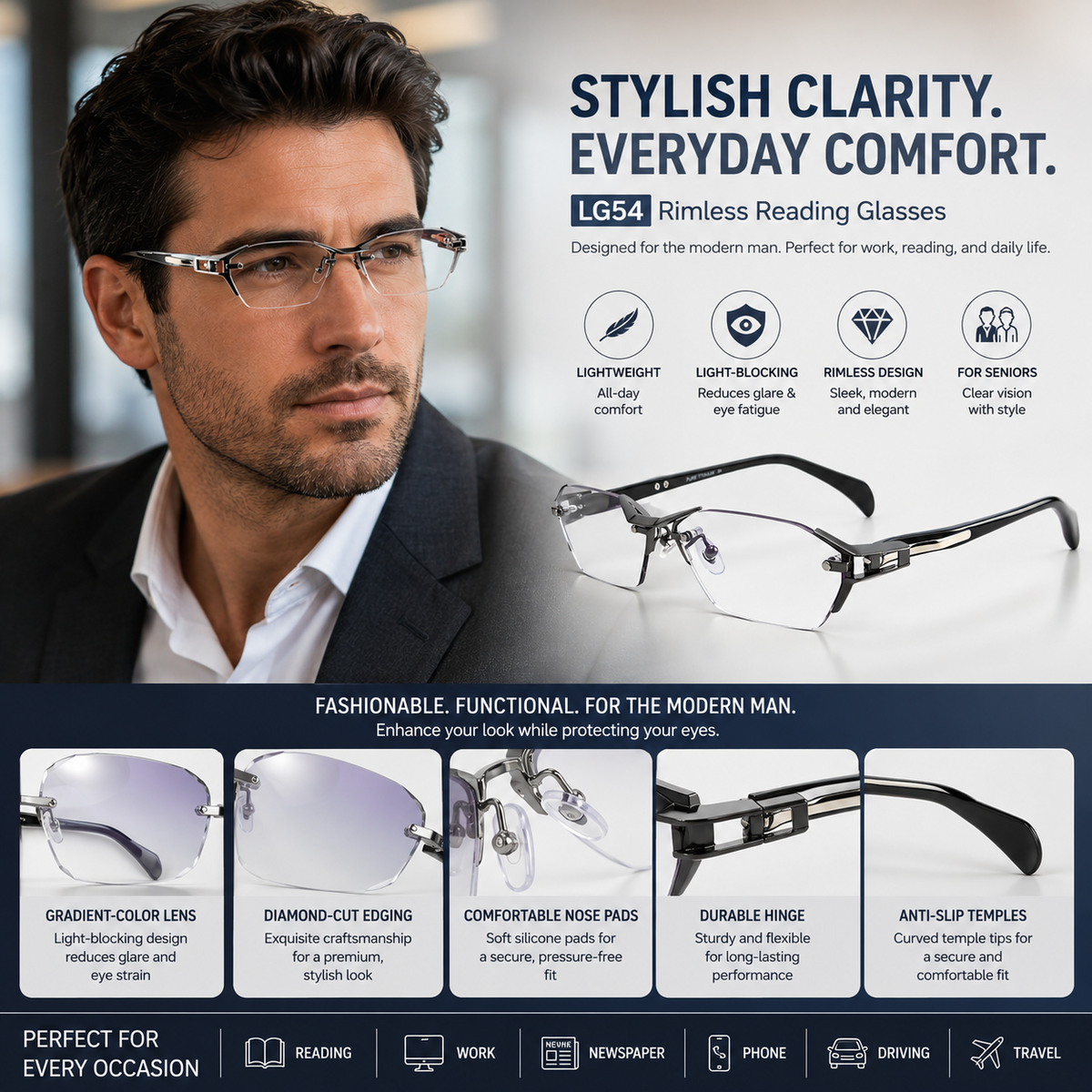 Rimless Reading Glasses – Gradient Light-Blocking Small Frame Eyewear for Seniors