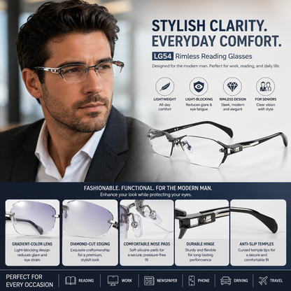 Rimless Reading Glasses – Gradient Light-Blocking Small Frame Eyewear for Seniors