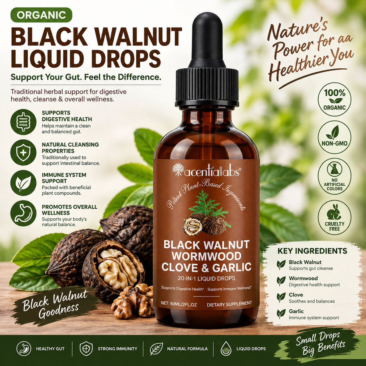 Organic Black Walnut Liquid Drops – Herbal Digestive Wellness Supplement