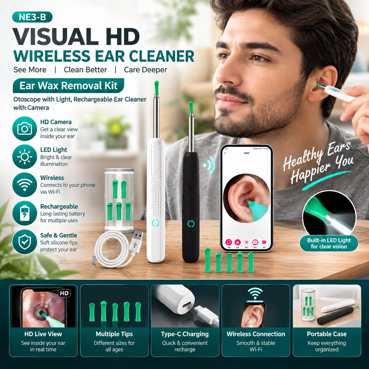 Wireless Ear Cleaner – Rechargeable Otoscope with Camera & LED Light