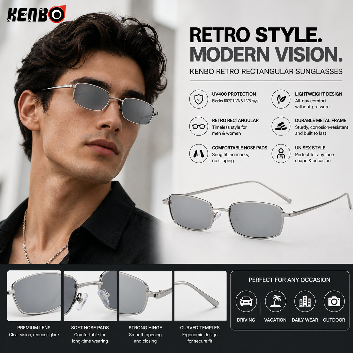 Kenbo Retro Rectangular Sunglasses – Small Metal Frame Fashion Eyewear for Men & Women