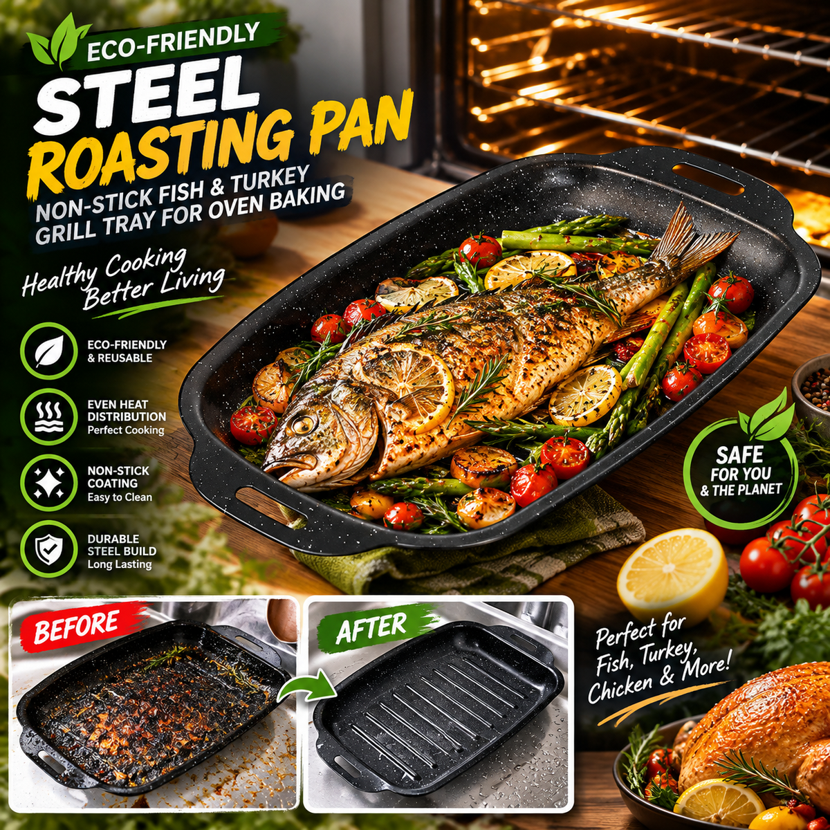 Eco-Friendly Steel Roasting Pan – Non-Stick Fish & Turkey Grill Tray for Oven Baking