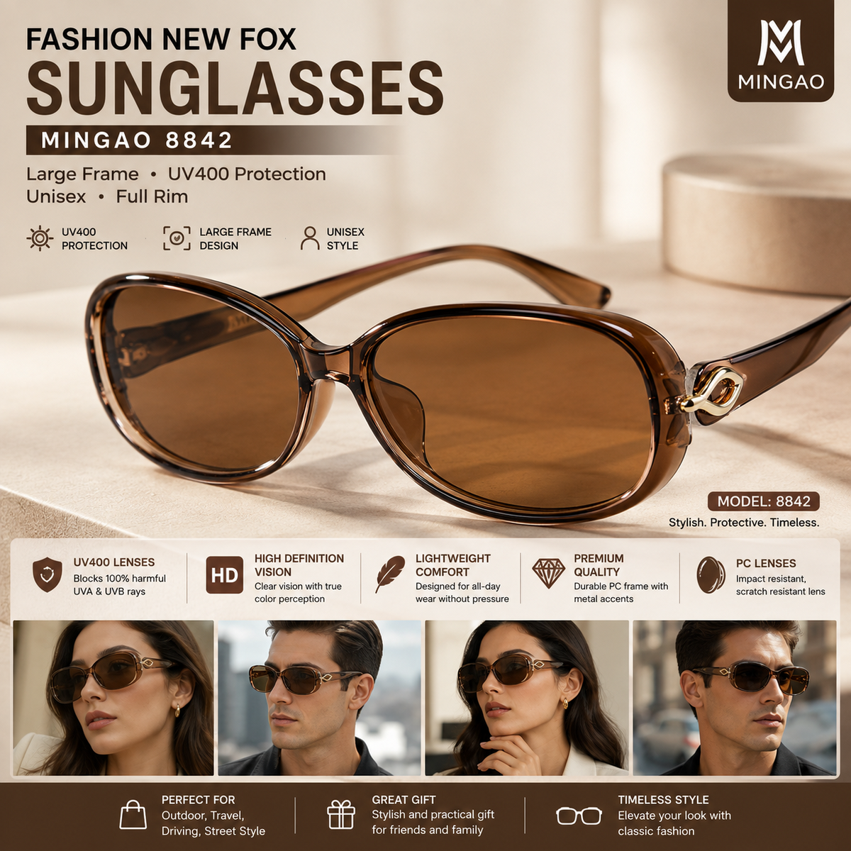 Fox Large-Frame Sunglasses – UV400 PC Lens Full-Rim Unisex Fashion Eyewear