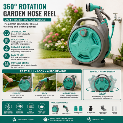 360° Rotating Garden Hose Reel – 200 Ft Water Hose Reel with Retractable Watering Set
