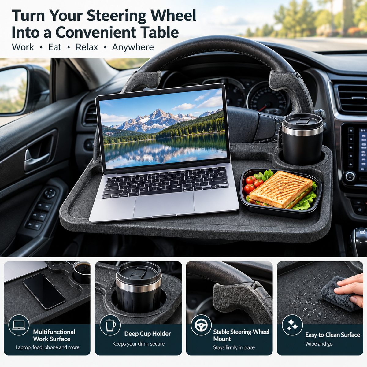 Multifunctional Car Steering Wheel Tray – Foldable Laptop, Writing & Dining Table