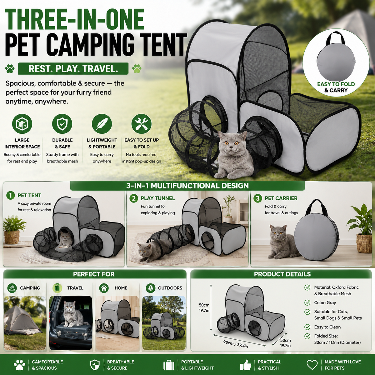 3-in-1 Pet Camping Tent – Spacious Foldable Cat Carrier & Portable Rest and Play House