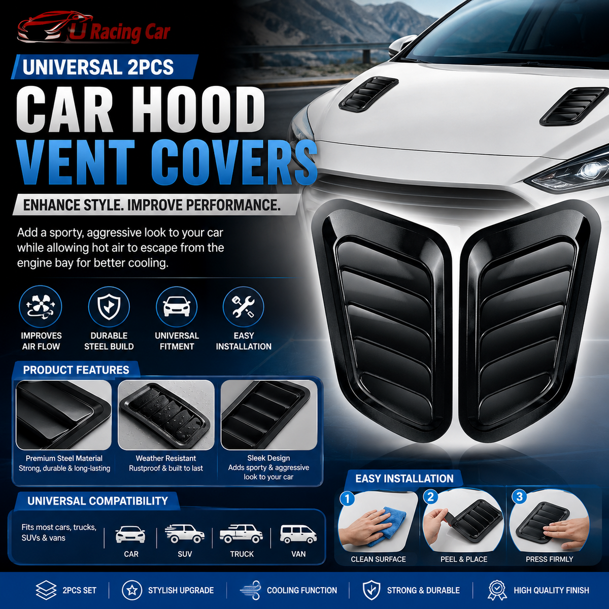 Universal Car Hood Vent Covers – Steel Bonnet Side Air Intake Scoops for Exterior Styling