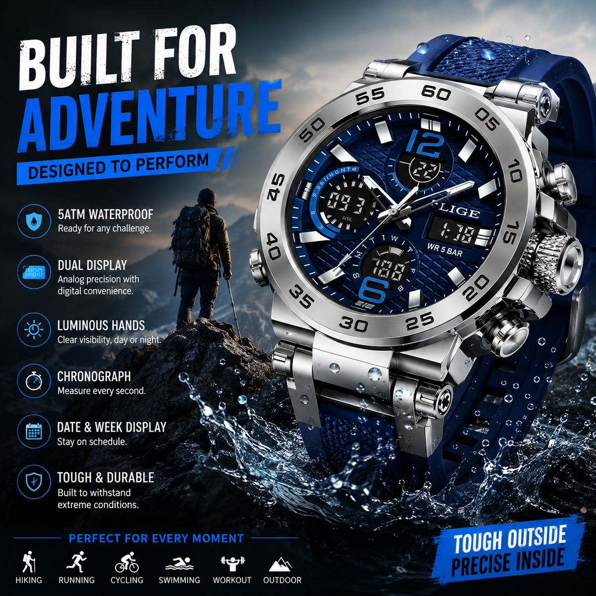 Men's Double Display Sports Luminous Digital Watch