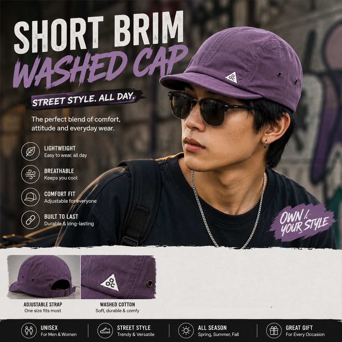 Short Brim Washed Cap Street Style Hip-Hop Hat for Men & Women