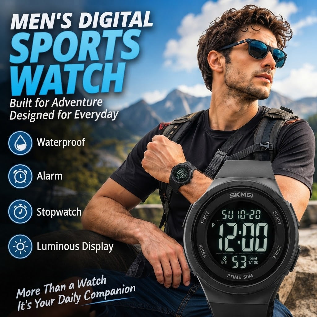 Men’s Digital Sports Watch – Waterproof Watch with Luminous Dial & Alarm