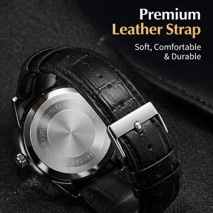 Men’s Genuine Leather Strap Watch with Calendar & Luminous Dial