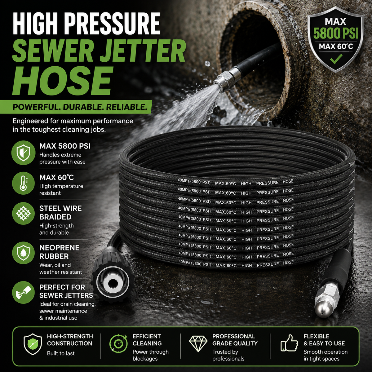 High-Pressure Sewer Jetter Hose – Steel Wire Braided Neoprene Rubber Cleaning Hose