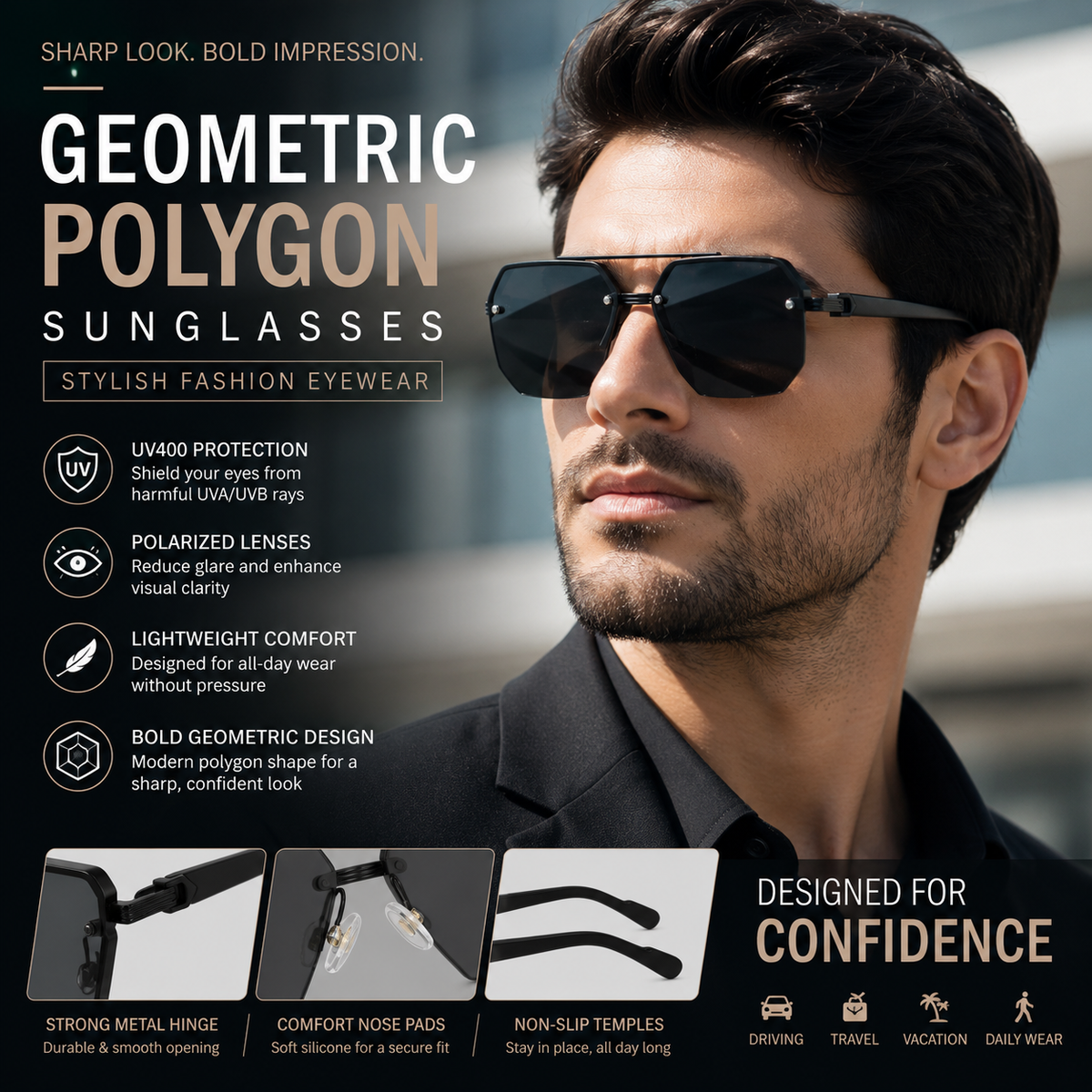 Men's Geometric Polygon Sunglasses Stylish Fashion Eyewear