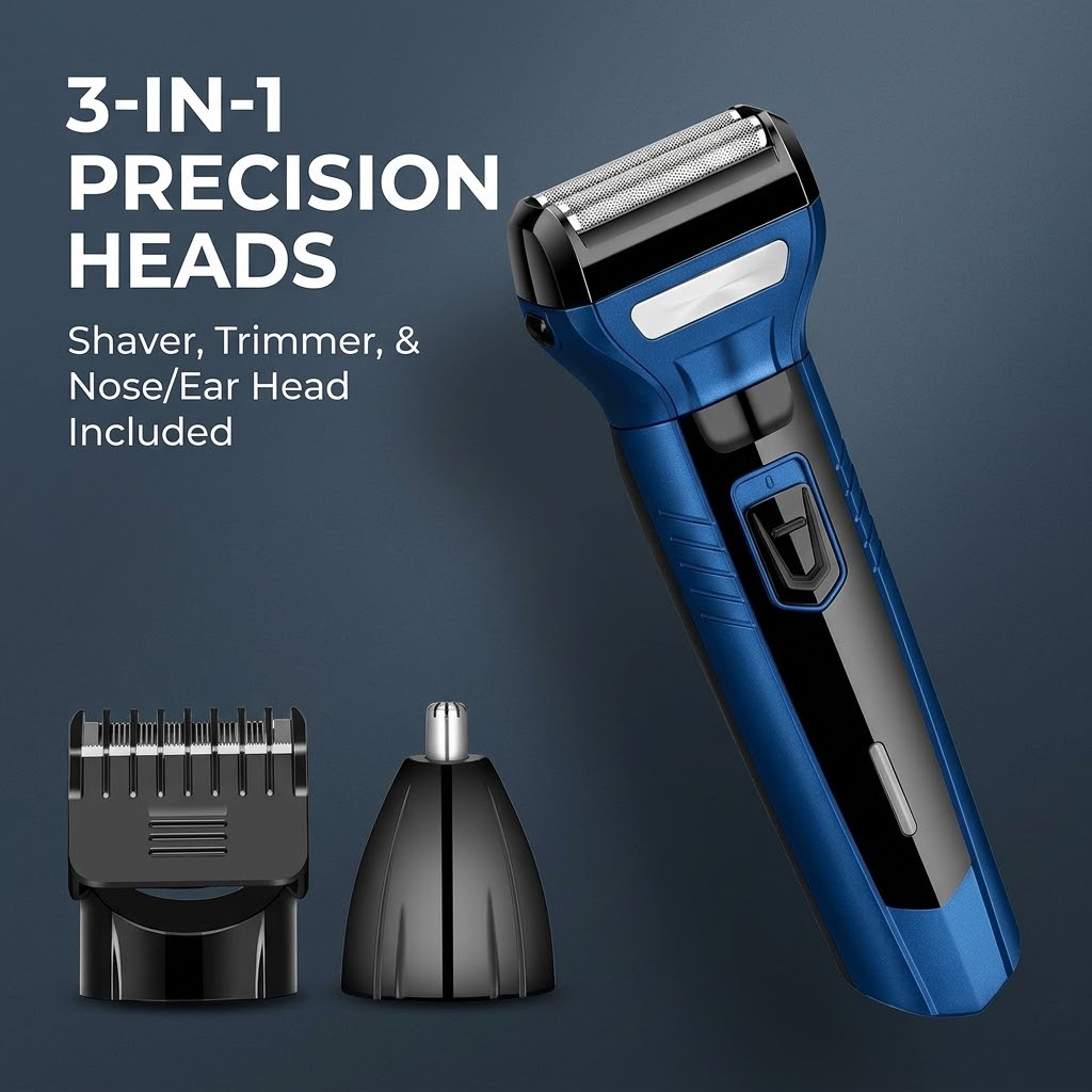 3-in-1 Rechargeable Electric Shaver – Washable Beard, Face & Body Trimmer