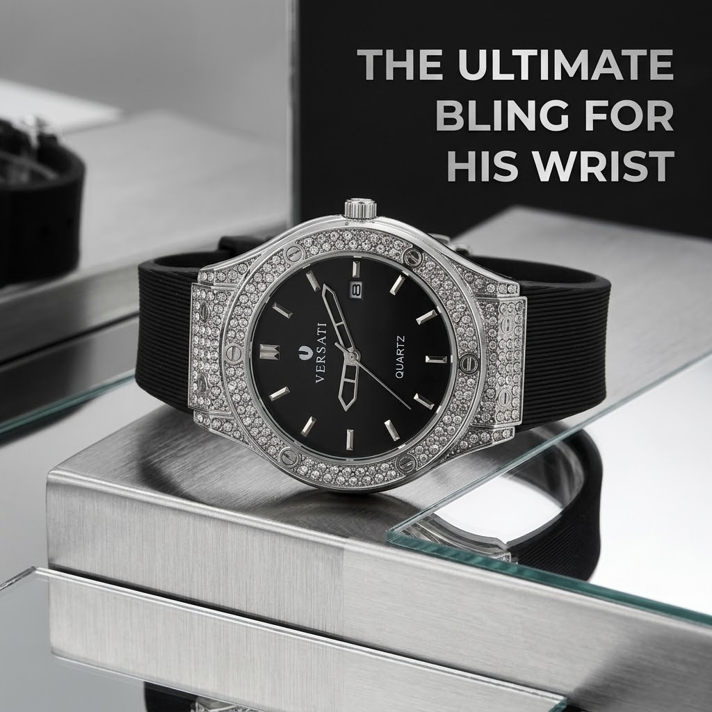 Men’s Diamond Crystal Watch – Hip Hop Style Wristwatch with Silicone Rubber Strap