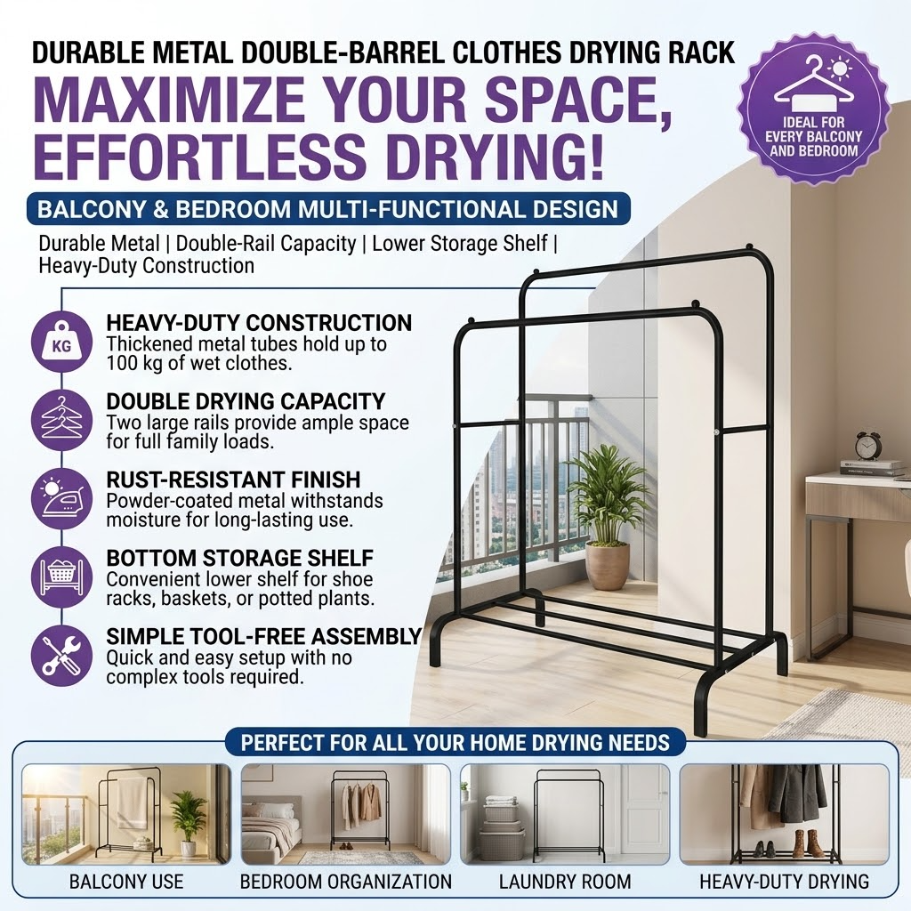 Double-Barrel Metal Clothes Drying Rack – Multi-Functional Balcony & Bedroom Hanger