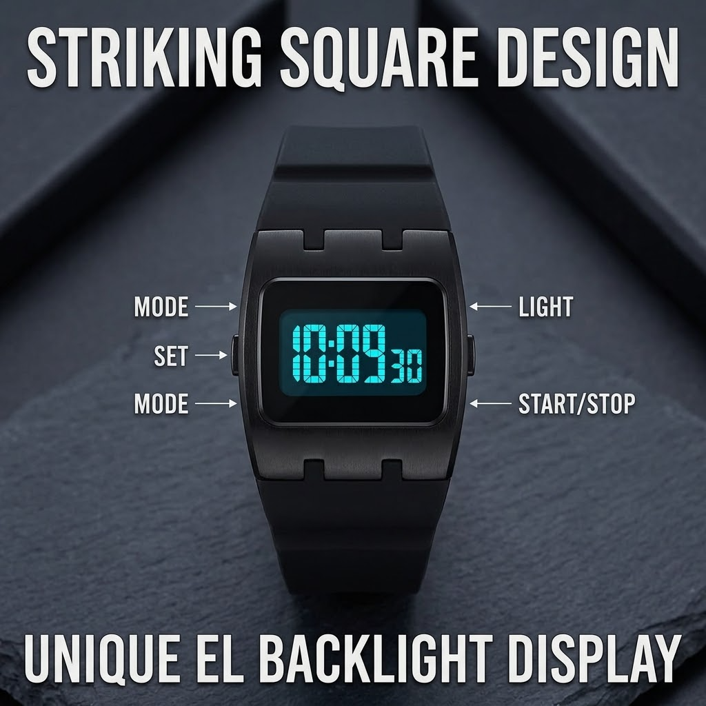 Men’s Square & Multifunction Sports Watch with Stopwatch, Alarm & Water Resistance