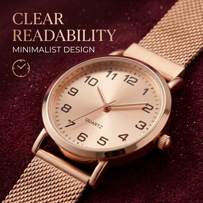 Women’s Rose Gold Minimalist Quartz Watch – Round Numeral Dial with Mesh Stainless Steel Strap