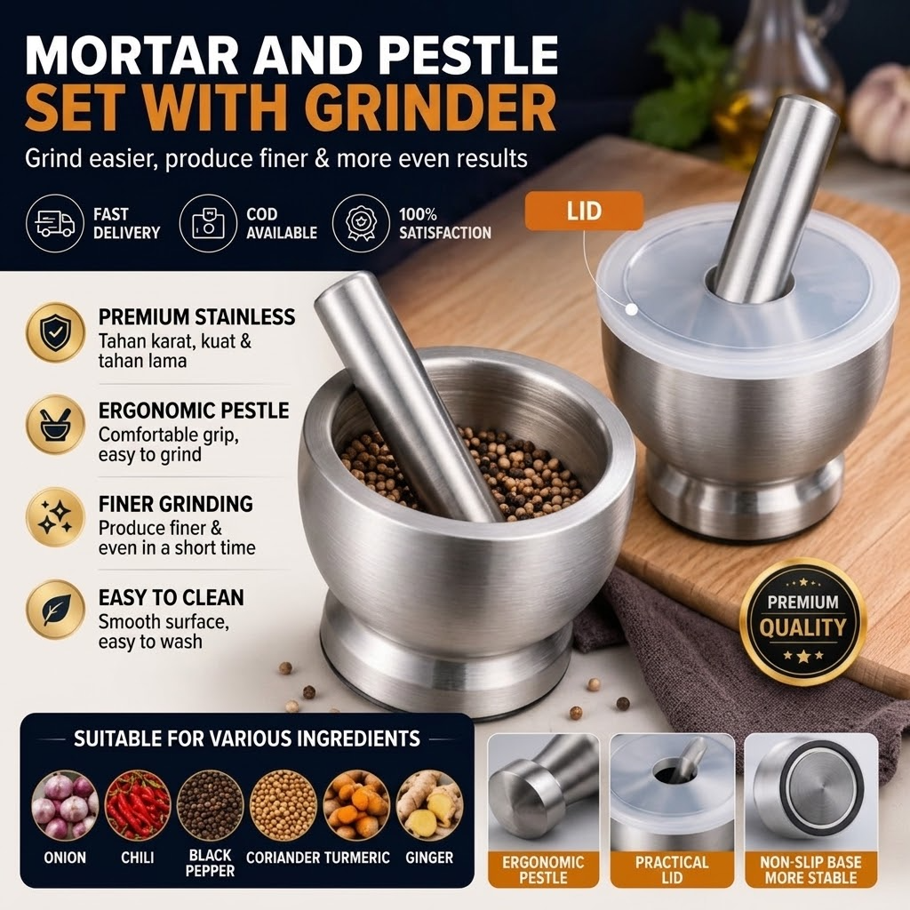 Heavy-Duty Stainless Steel Mortar & Pestle – Durable Kitchen Spice & Herb Grinder
