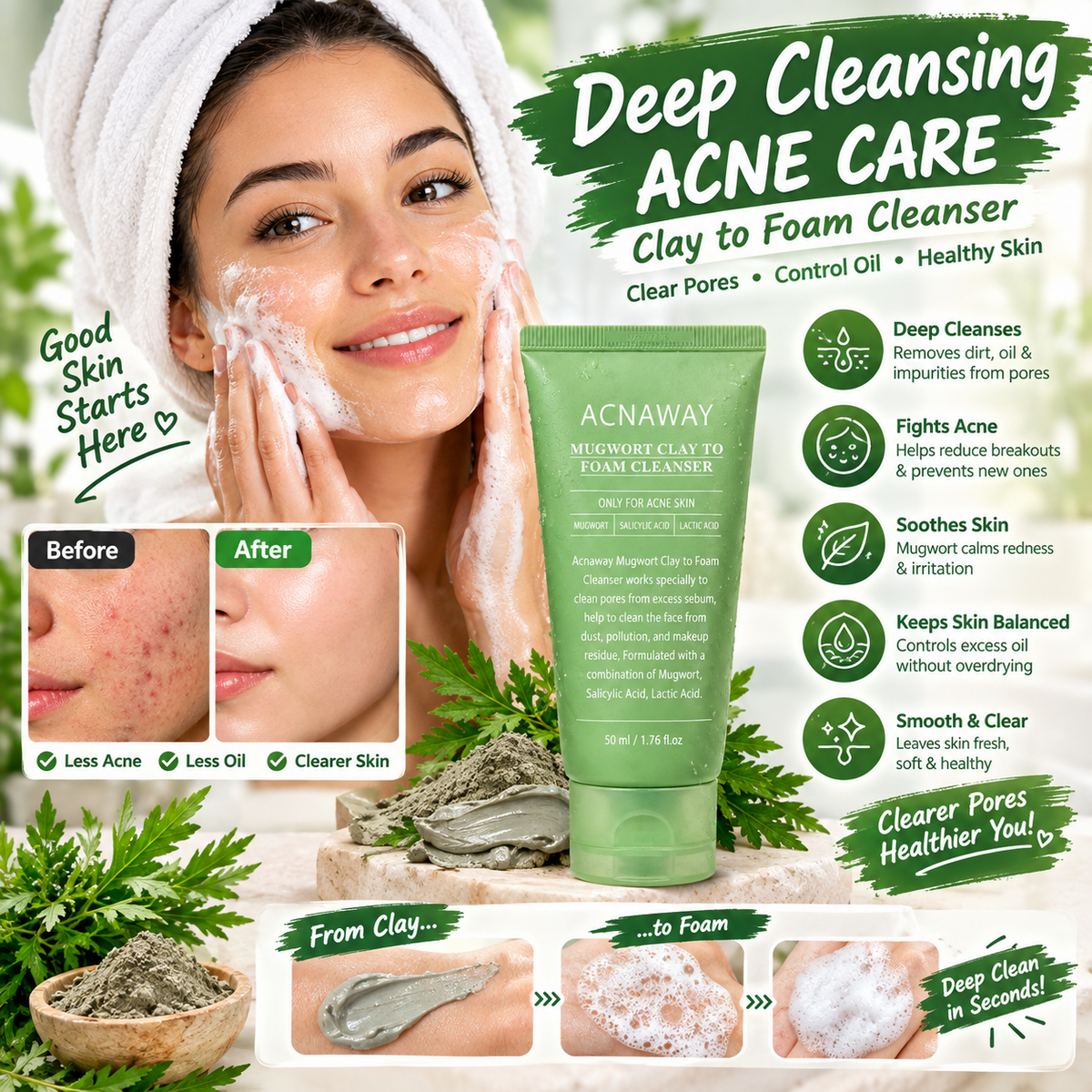 Salicylic Acid Mugwort Gel Mask – Deep Cleansing Clay-to-Foam Facial Cleanser