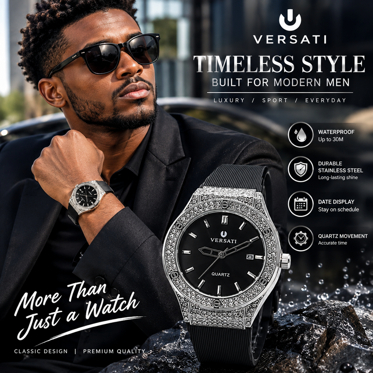 Men’s Diamond Crystal Watch – Hip Hop Style Wristwatch with Silicone Rubber Strap