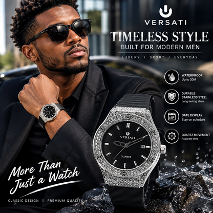 Men’s Diamond Crystal Watch – Hip Hop Style Wristwatch with Silicone Rubber Strap