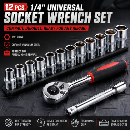 12-Piece 1/4" Universal Car Tool Kit – Ratchet, Socket & Combination Wrench Set