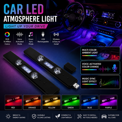 Car USB LED & Atmosphere Light – Wireless Colorful Voice-Activated Interior Ambient Light