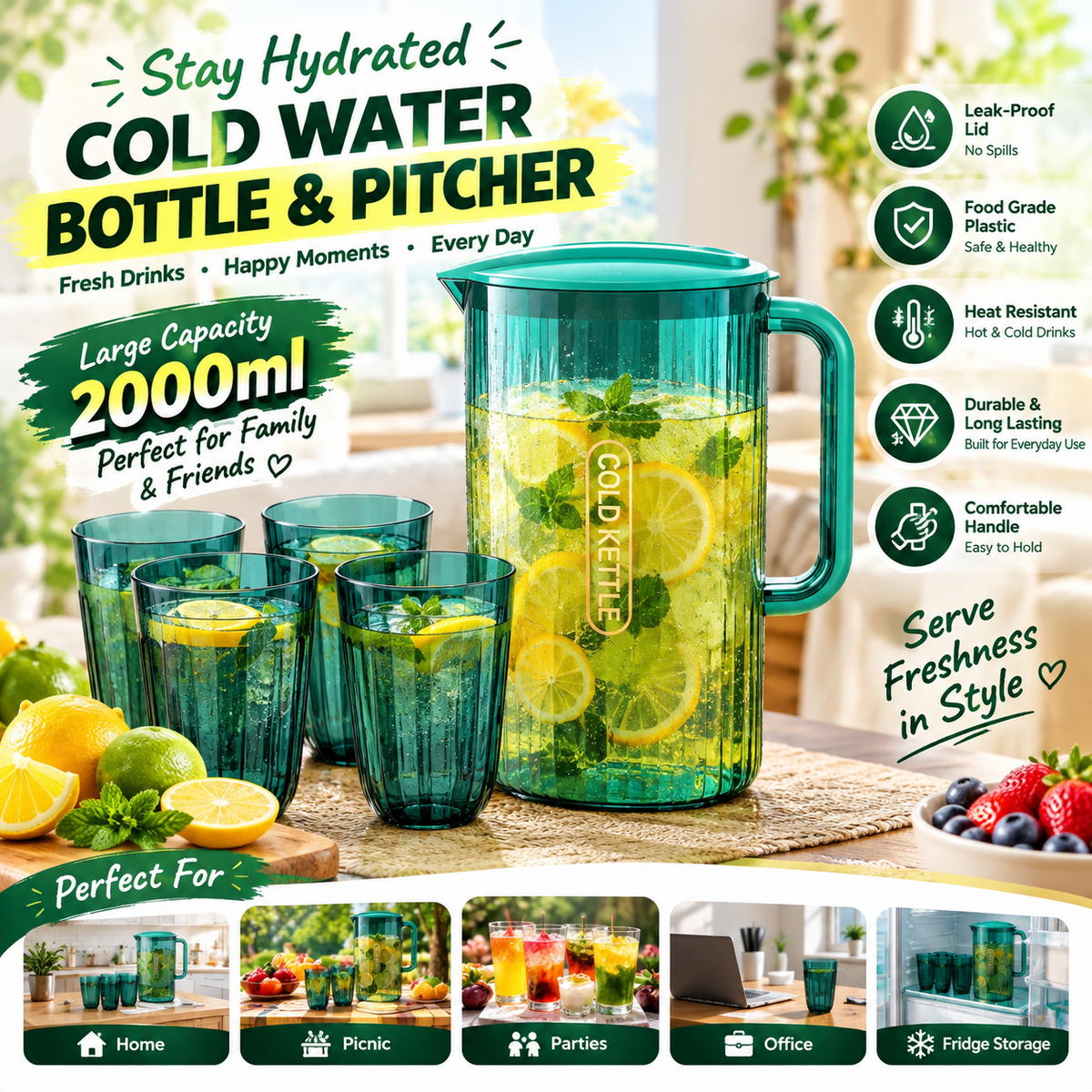 Large Capacity Plastic Water Pitcher – Transparent Food-Grade Juice & Cold Drink Jug