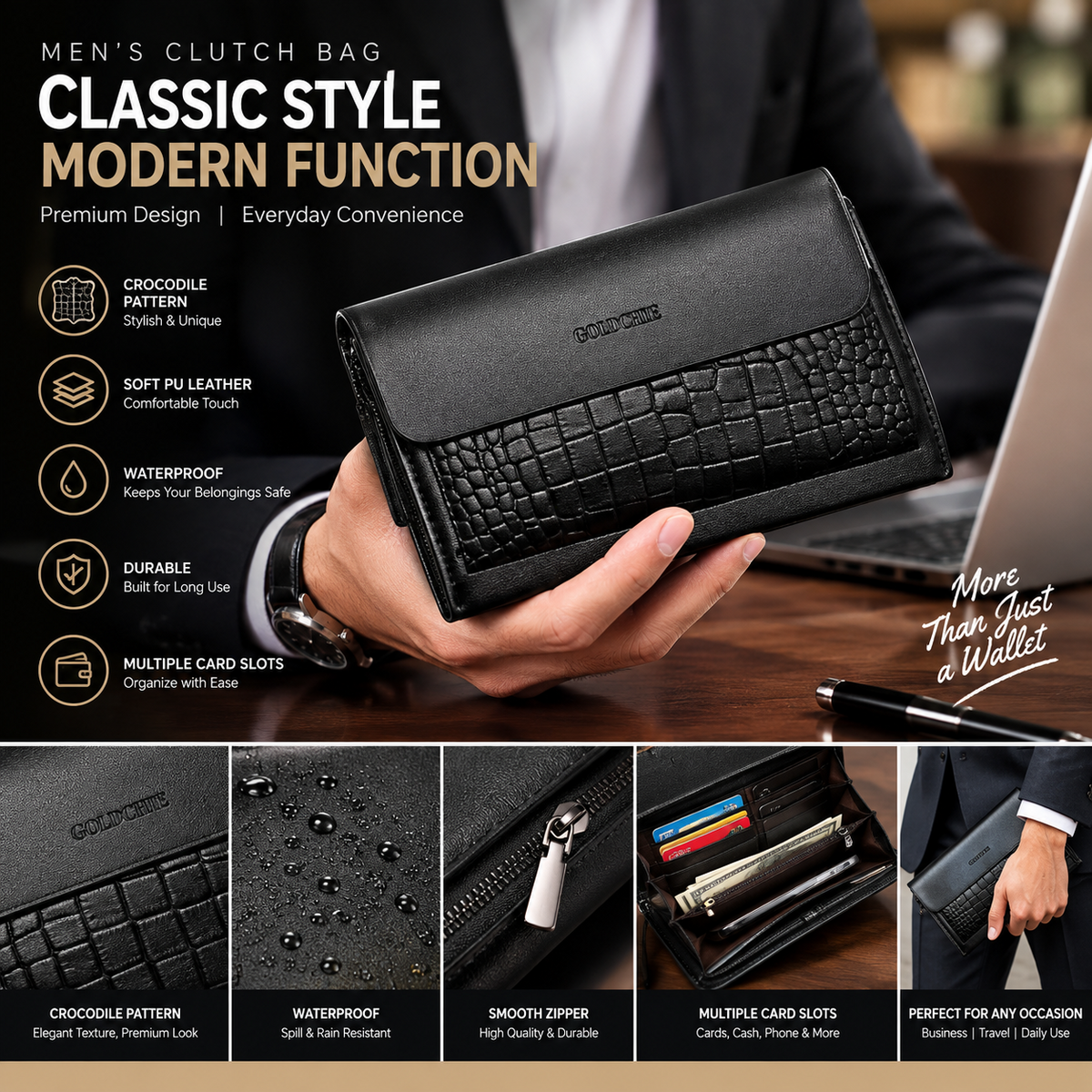 Men’s Crocodile Pattern Clutch Bag – Soft PU Leather Wallet with Multiple Card Slots