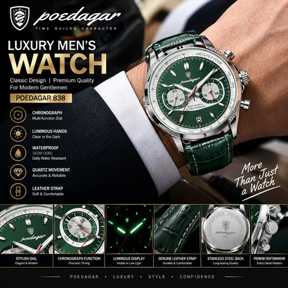 Poedagar 838 Luxury Men’s Watch – Leather Strap Chronograph Quartz Business Watch