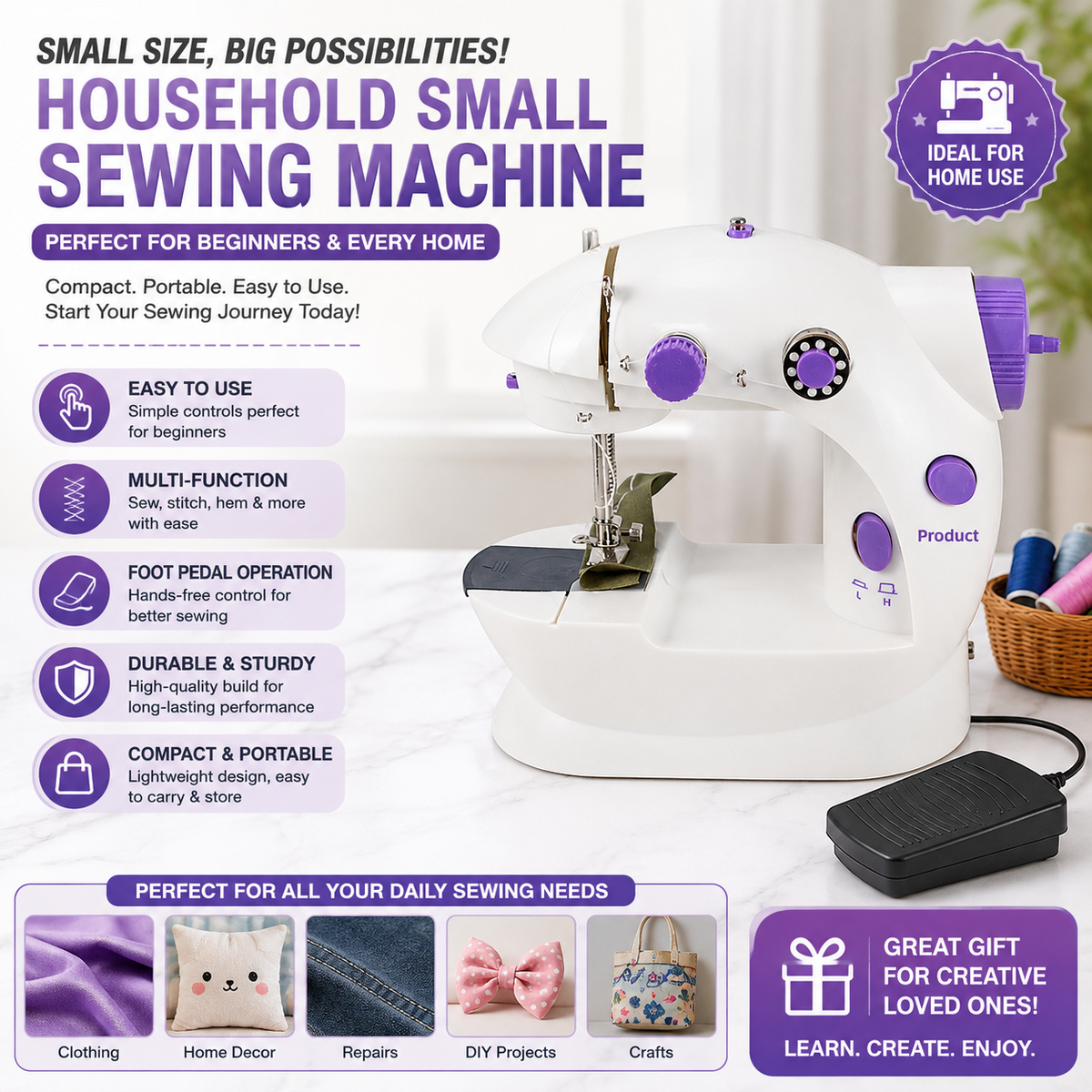 Mini Automatic Sewing Machine – Beginner Foot Pedal Tailoring Machine for Home Use