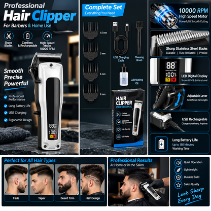 Professional 10000 RPM Cordless Hair Clipper – USB Rechargeable Digital Barber Trimmer