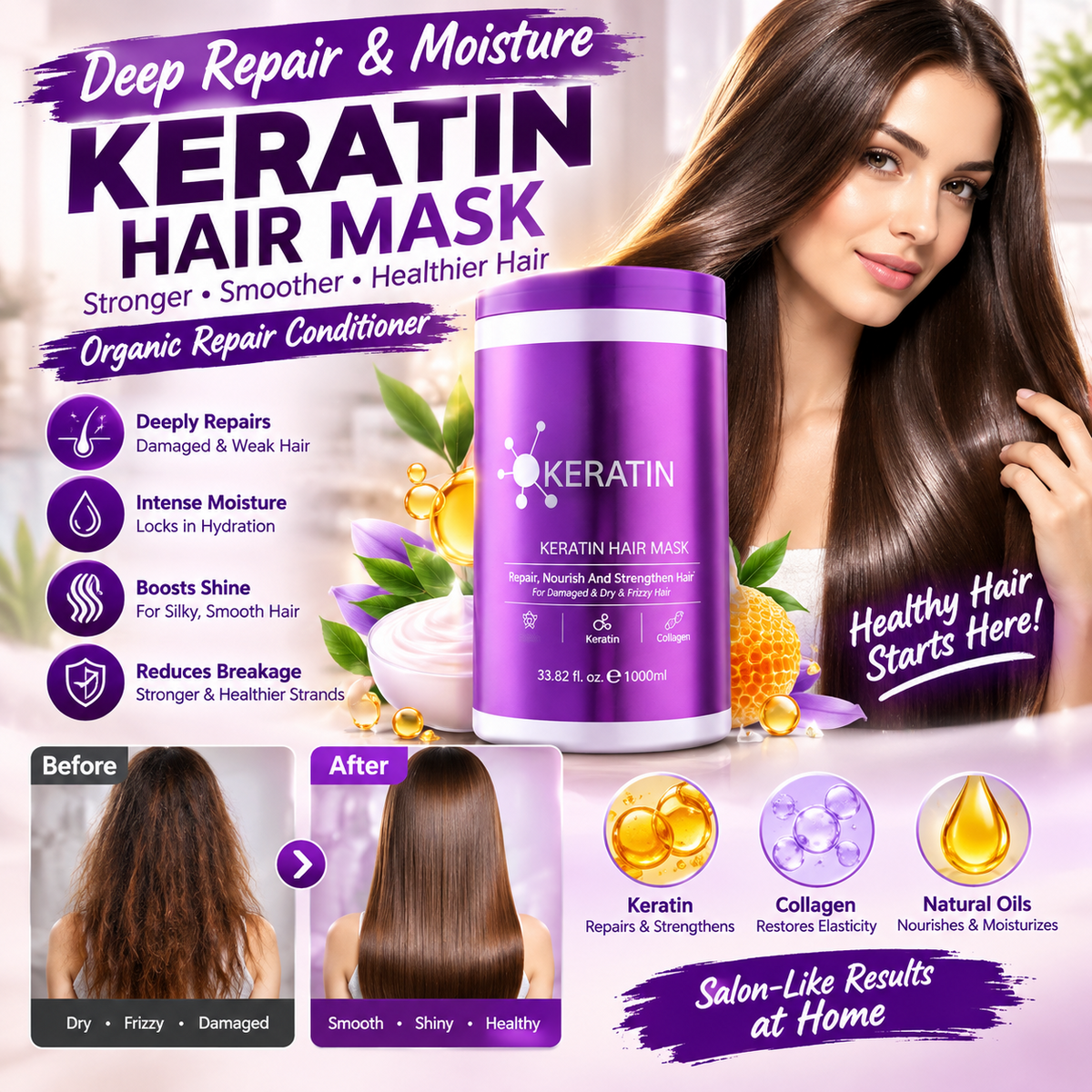 Keratin Hair Mask – Deep Repair & Moisturizing Collagen Conditioner for Dry Hair