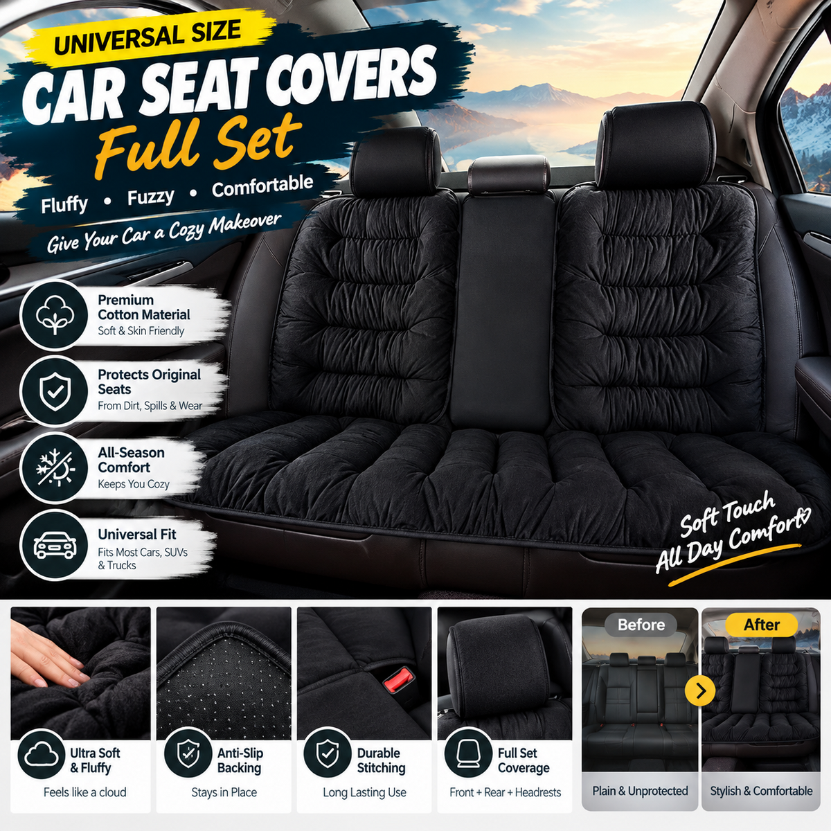 Fluffy Fuzzy Car Seat Covers – Universal Cotton Full Set for Auto Interiors