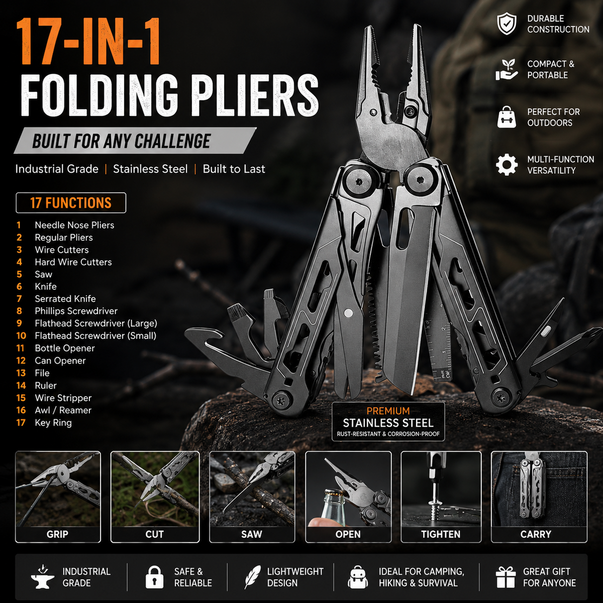 Stainless Steel Multitool Pliers – Folding Outdoor Tool for Camping, Hiking & Everyday Repairs
