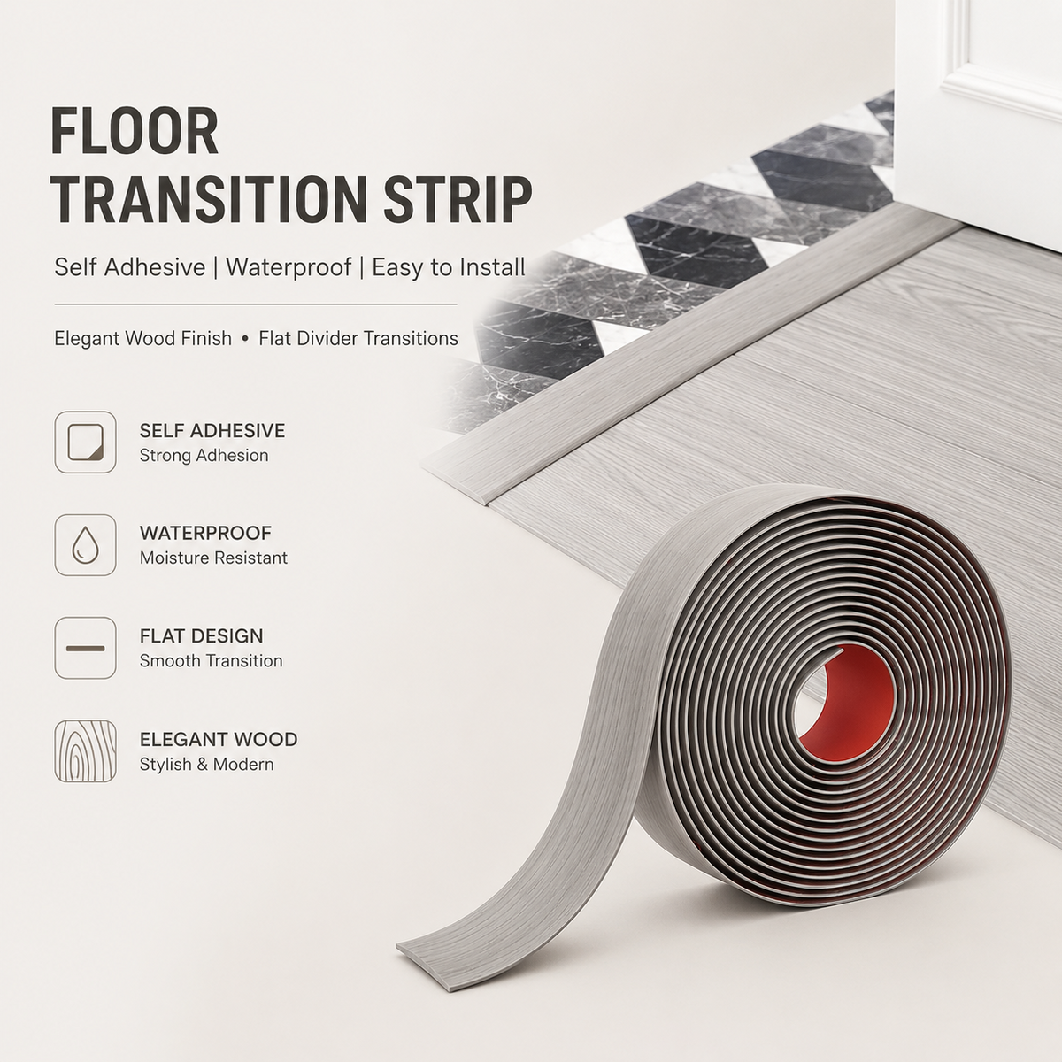 Self-Adhesive Floor Transition Strip – Waterproof Divider for Laminate, Vinyl & Wood Flooring