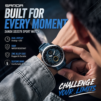 SANDAMen’s LED Sports Watch – Dual Display Quartz Watch with 5BAR Water Resistance