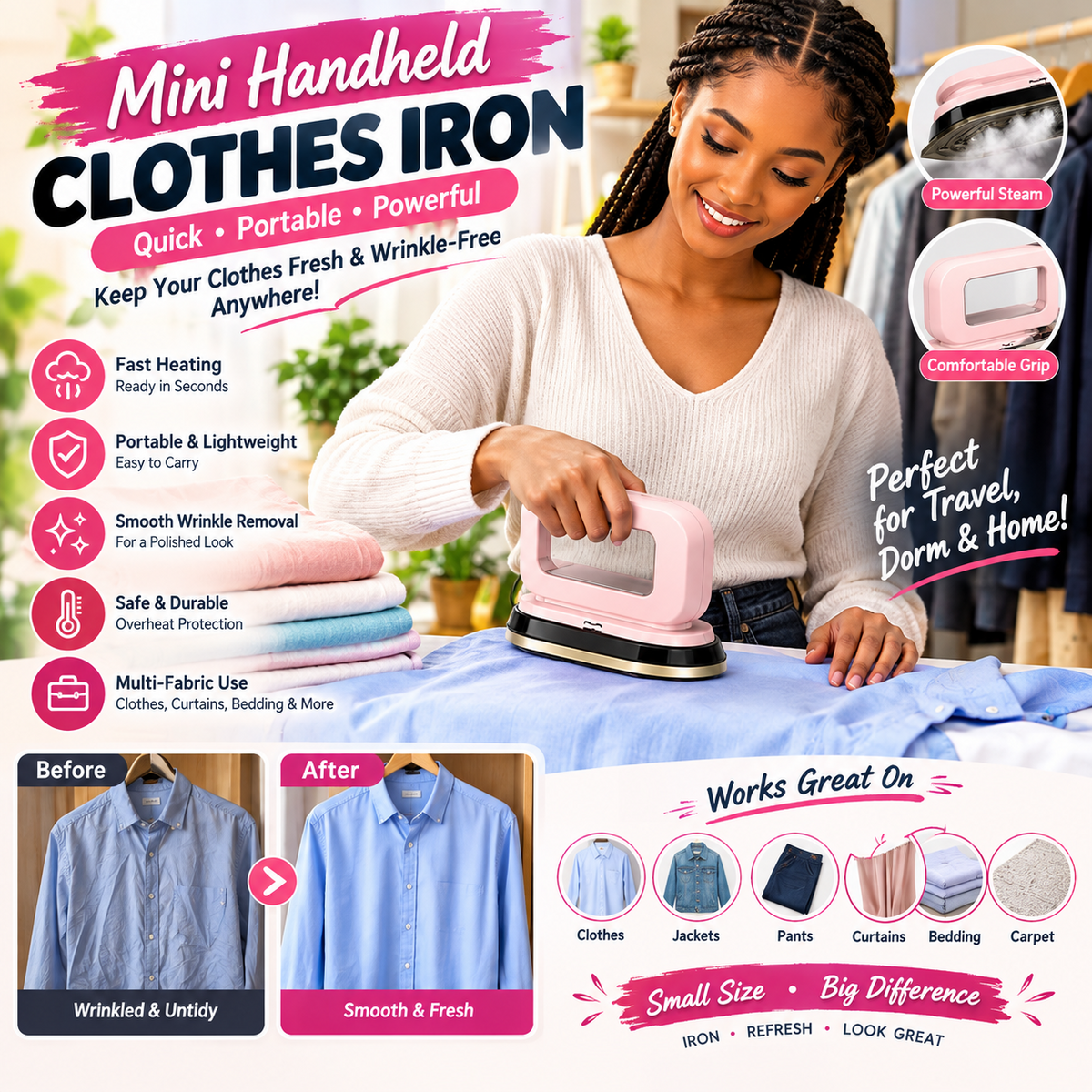 Mini Handheld Garment Iron – Portable Clothes Steamer for Jackets, Pants & Home Use